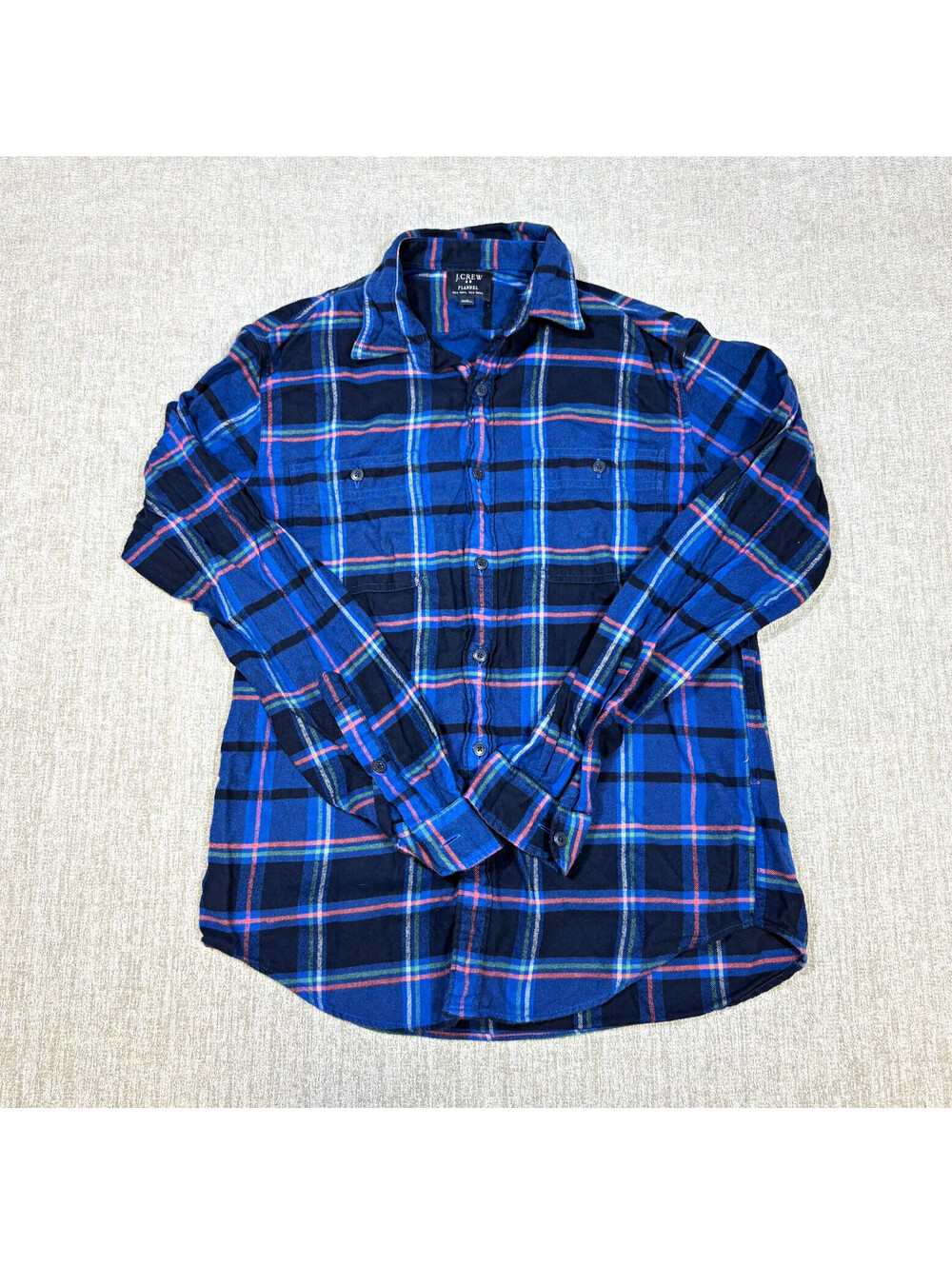J.Crew Flannel Shirt Mens Medium Blue Navy Pink Plaid Cotton Button Up Pockets